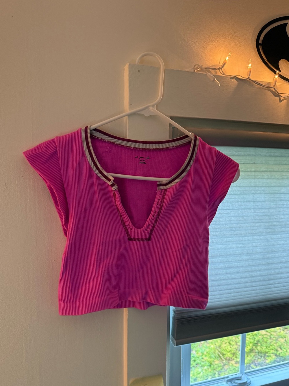 Urban Outfitters Hot Pink Ribbed V-Notch Crop Top with Contrast Trim